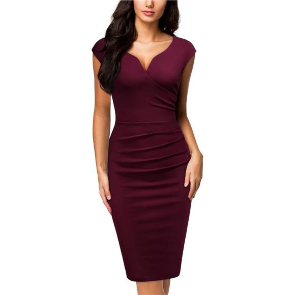 Vintage Slim Style Sleeveless Business Pencil Dress Burgundy